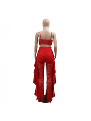 Patchwork Lace Spaghetti Straps Flared Trouser Sets