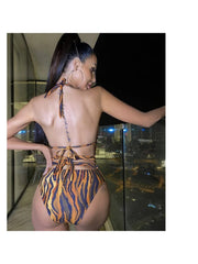 Tiger Striped Spaghetti Straps Backless One-Pieces Swimwear