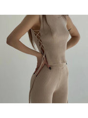 Tie-wrap Solid Color Sleeveless Trouser Sets