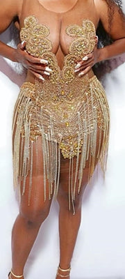 Gold Rhinestone Crystal Tassels Sheer O-Neck Dress