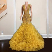 Elegant Gold Ruffle Sequin Prom Dress