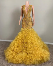 Elegant Gold Ruffle Sequin Prom Dress