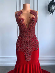 Red Velvet Beaded Mermaid Prom Dress