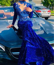 Royal Blue Beaded Long Sleeved Prom Dress