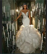 Sexy Luxury Wedding Dresses Strapless Long Ruffle Train Tulle Lace Beaded Crystal Bride Dress Custom Made DE01