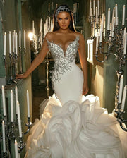 Sexy Luxury Wedding Dresses Strapless Long Ruffle Train Tulle Lace Beaded Crystal Bride Dress Custom Made DE01