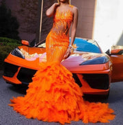 Orange Mermaid Prom Dresses 2023 Sequin Feathers Evening Gown