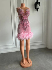 Pink Feather Velvet O-Neck Cocktail Dress