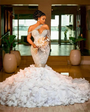 Luxury Mermaid Wedding Dresses 2023 One Shoulder Pearls Beading Ruffles Train Mermaid Bride Gowns Vestidos De Novia Custom L14W