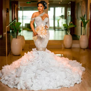 Luxury Mermaid Wedding Dresses One Shoulder Pearls Beading Ruffles Train Mermaid Bride Gowns Vestidos De Novia Custom L14W