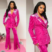 Rose Red Velvet Women Blazer Suits V Neck Evening Party Ladies Tuxedos For Wedding Loose Two Pieces Jacket And Pants