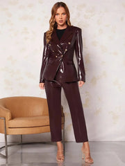 Designer Leather Women Blazer Suits V Neck Evening Party Ladies Tuxedos For Wedding Two Pieces Jacket And Pants