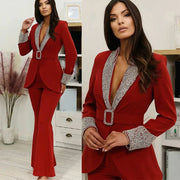 Unique Desinger Mother Of The Bride Pant Suits Red Crystal Evening Party Women Tuxedos For Wedding (Jacket+Pants)