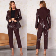 Designer Leather Women Blazer Suits V Neck Evening Party Ladies Tuxedos For Wedding Two Pieces Jacket And Pants