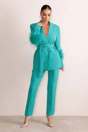 Customized Ostrich Feather Mother of the Bride Pants Suits Ladies Women Formal Evening Party Blazer Wear Jacket 2 Pieces