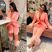 Satin Tailored Women Pants Suits Ostrich Feather Fashion Ladies Prom Formal Guest Wear For Wedding 2 Pieces
