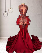 Sexy Rhinestone Red Mermaid Long Prom Dresses 2023 With Feathers Handmade Beads Sheer Top Satin Party Gowns