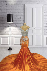 Orange O Neck Long Prom Dresses 2022 Beaded Evening Dress Mermaid Celebrity Gown Crystal Birthday Party Gowns