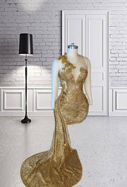 Gold Sequin Sweep Train Cocktail Dress
