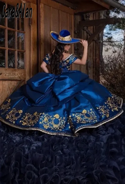 Navy Blue Embroidery Quinceañera Dress: Off-Shoulder Charro