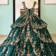 Emerald Green Quinceañera Ball Gown with Gold Applique Bow