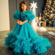 Cyan Tulle Puffy Flower Girl Dress with Bow