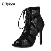 Eilyken 2022 Fashion Black Summer Sandals Lace Up Cross-tied Peep Toe High Heel Ankle Strap Net Surface Hollow Out Sandals