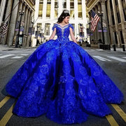 Modest Royal Blue Quinceañera Dress: Crystal Beaded Lace Applique