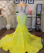 Yellow Sequins Mermaid Prom Dresses 2023 Sparkly Birthday Dress Luxury Evening Gowns