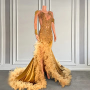 Gold Velvet One-Shoulder Prom Dress