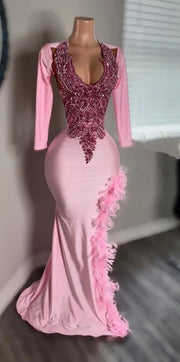 2Pink Elegance: Long Sleeve Crystal Beaded Gown