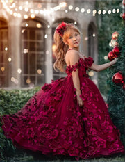 Luxury Burgundy 3D Flower Girl Dress with Pearls