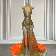 Luxury Gold and Orange Glitter Lace Prom Gowns