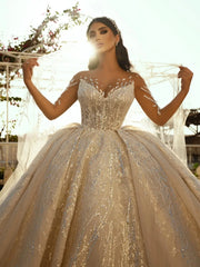 Modest O-neck Sparkly Sequin Lace Ball Gown Wedding Dress