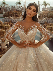 Modest O-neck Sparkly Sequin Lace Ball Gown Wedding Dress
