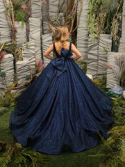 Navy Blue Glitter Flower Girl Dress: Open Back, Sleeveless Bow