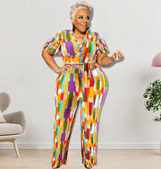 Plus Size V Neck Print Two Piece Outfits