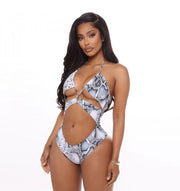 Snake Print Hollowed Out Halter One-Piece Swimsuit