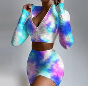 Tie Dye Jogger  Cropped Long Sleeve Top And Short Sets