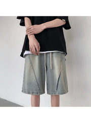 Men Street Denim Drawstring  Wide Leg Half Length Shorts