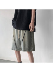 Men Street Denim Drawstring  Wide Leg Half Length Shorts