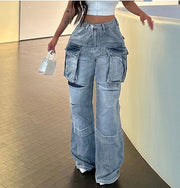 Designer High Waist Blue Straight Cargo Jeans For Women
