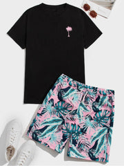Beach Printing Short Sleeve T-Shirt 2pc Shorts Sets