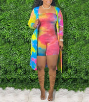 Sexy Tie-Dye Long Sleeve Cardigan 2pc Rompers Sets