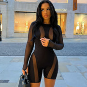 Long Sleeve  Sexy Mesh Stitched Zipper Rompers