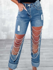 Chain Pendant Distressed Straight Big Hole Jeans