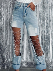 Chain Pendant Distressed Straight Big Hole Jeans