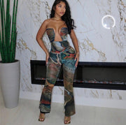 Abstract Printed Strapless Flared Jumpsuit