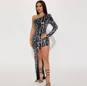 Colorblock Sequin Zebra Pattern One Shoulder Dress