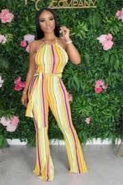 Striped  Backless Flared Leg Jumpsuits